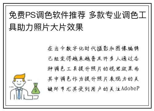 免费PS调色软件推荐 多款专业调色工具助力照片大片效果